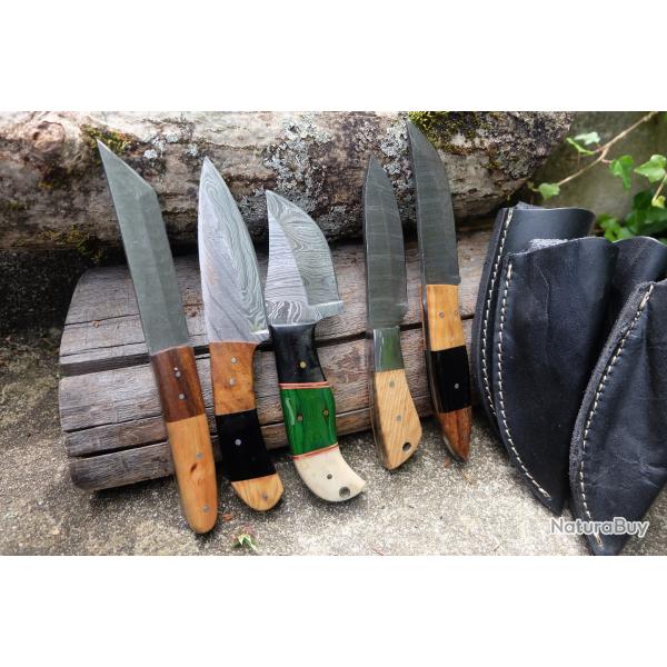 LOT DE 5 Couteau Skinner Damas Lame Acier 256 Couches Manche Bois Etui Simili Cuir Fabr Artisanale03