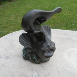 VINTAGE - Grande sculpture de poisson en céramique polychrome, signé VALLAURIS - FRANCE (Vers 1960)