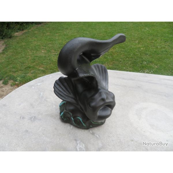 VINTAGE - Grande sculpture de poisson en cramique polychrome, sign VALLAURIS - FRANCE (Vers 1960)