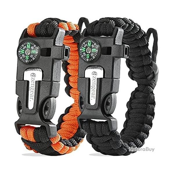 Bracelets de Survie en paracorde (Lot de 2) Allume-feu en silex et Acier, sifflet, Boussole, Longueu