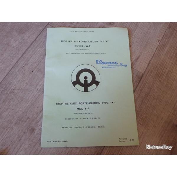 Notice du dioptre pour fusil Rubin Schmidt K31 Suisse Waffenfabrik