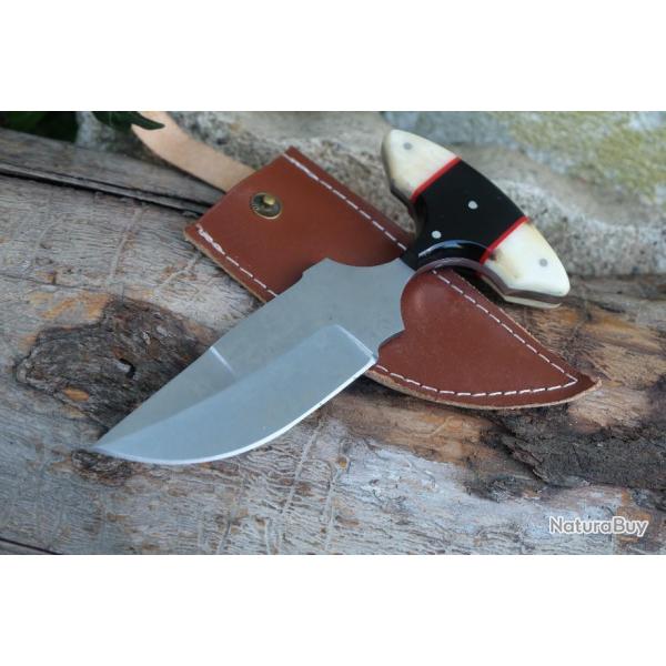 Couteau Push Dagger Lame Acier Carbone 1055 Manche Os & Corne Etui CUir Fabric Artisanale