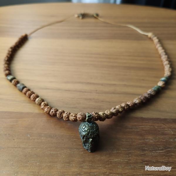 Collier Pendentif Crane Laiton Bois Perles Origine Tibet Npal Asie Spirituel Mditation Mystique