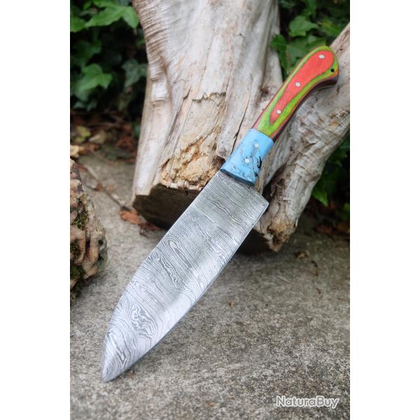 Couteau De Cuisine Santoku Lame Acier Damas 256 Couches Manche Bois/Rsine Fabrication Artisanale