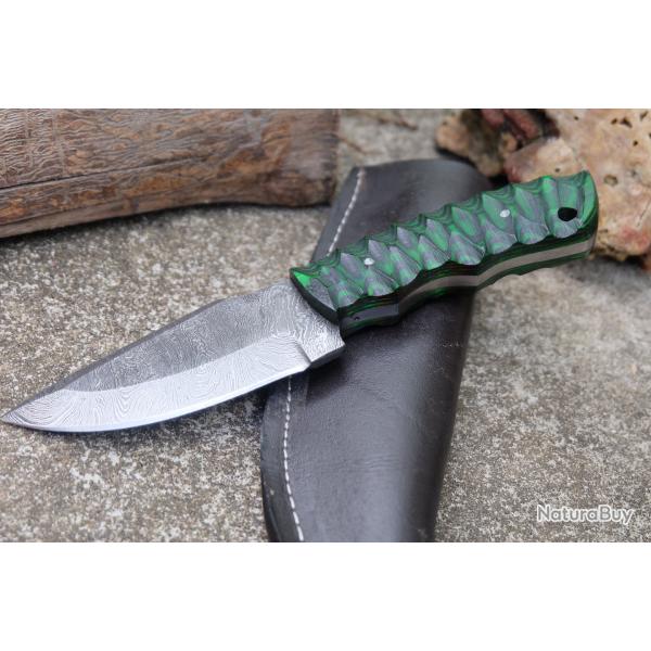 Skinner Couteau de Chasse Damas Lame 256 Couches Manche Bois Green 3D Fabr Artisanale Etui Cuir