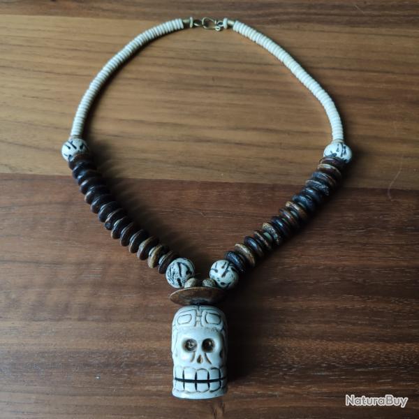Collier Pendentif Crne en Os Yak Buffle Perles Bois Origine Tibet Npal Asie Mditation Spirituel
