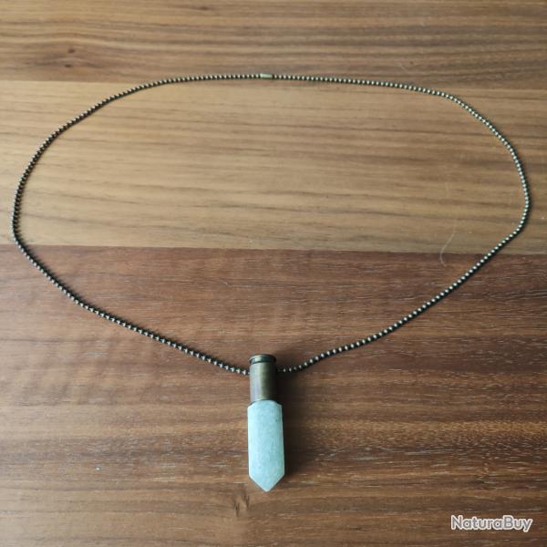 Collier Pendentif Douille 44 Magnum et Pierre Prcieuse Bleu / Vert Balle Munition Chane Mtal