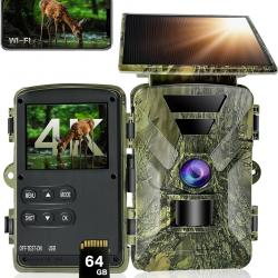 Caméra de Chasse Solaire 4K WiFi Bluetooth Vision Nocturne 64Go App Mobile  Autonome avec Batterie