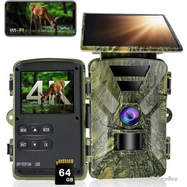Camra de Chasse Solaire 4K WiFi Bluetooth Vision Nocturne 64Go App Mobile  Autonome avec Batterie