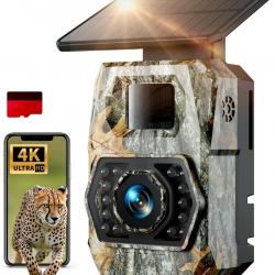 Caméra de Chasse Solaire 4K Vision Nocturne 60MP WiFi Étanche Carte 32Go Batterie 5200mAh Camouflage