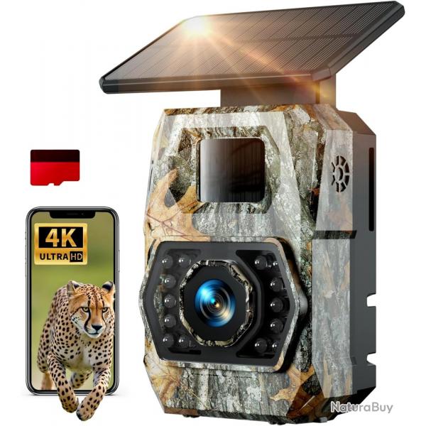 Camra de Chasse Solaire 4K Vision Nocturne 60MP WiFi tanche Carte 32Go Batterie 5200mAh Camouflage