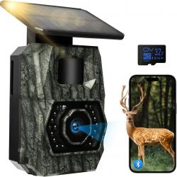 Caméra de Chasse Solaire 4K Vision Nocturne 60MP WiFi Étanche Carte 32Go Batterie 5200mAh Noir