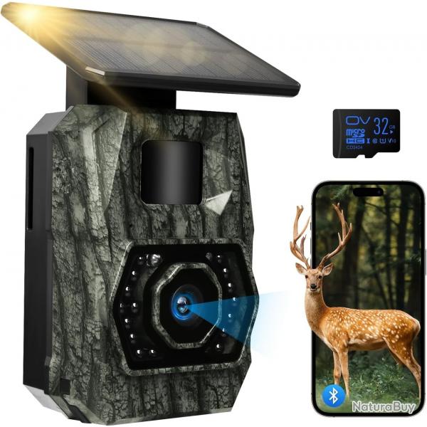 Camra de Chasse Solaire 4K Vision Nocturne 60MP WiFi tanche Carte 32Go Batterie 5200mAh Noir