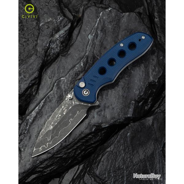 Couteau CIVIVI Triptych Damas Lame Acier Damas Manche Micarta Bleu Button Lock Clip KIVT C23085BDS1