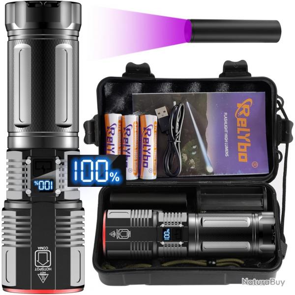 Lampe Torche LED 600000 Lumens Ultra Puissante Tactique IPX6 tanche Rechargeable USB 3 Modes Zoom