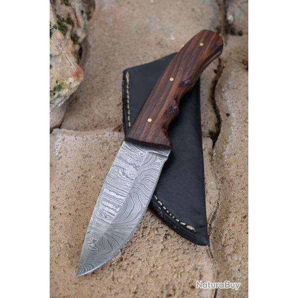 Couteau Skinner Damas Lame Drop Point Acier 256 Couches Manche Bois Etui Cuir Fabr Artisanale