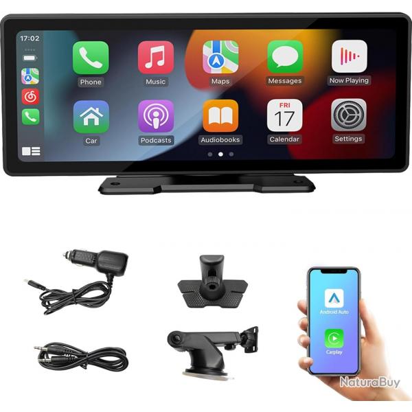 cran Portable de Voiture 10,3'' HD IPS avec Android Auto et Apple CarPlay sans Fil, metteur FM Blu