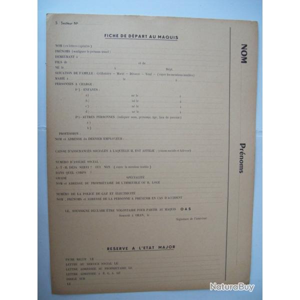 militaria aprs geurre document fiche de dpart au maquis