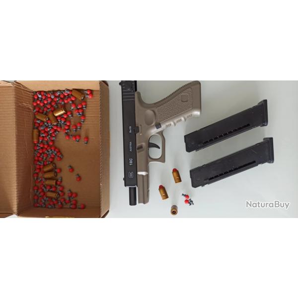 pistolet " spring" Jouet  billes GLOCK 18C Austria + 2 chargeurs et nombreux projectiles