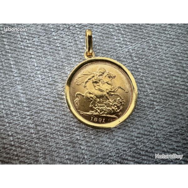 Pendentif en or 18 carats avec Souverain Anglais 22 carats - Reine Victoria - Saint Georges dragon