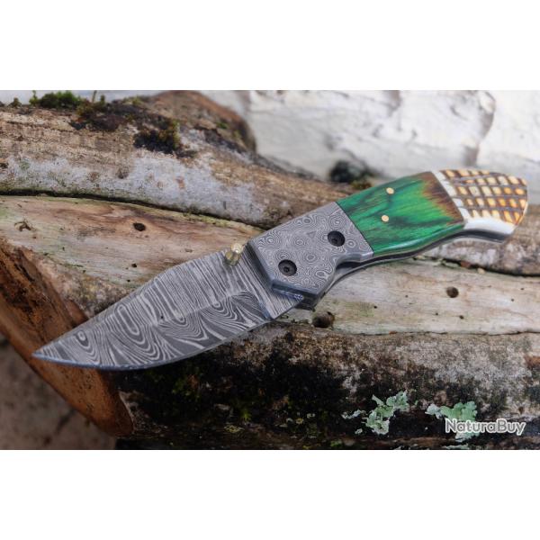 Beau Couteau Damas Lame 128 Couches Manche Bois/Os Mitres Damas Fab Artisanale Linerlock 001
