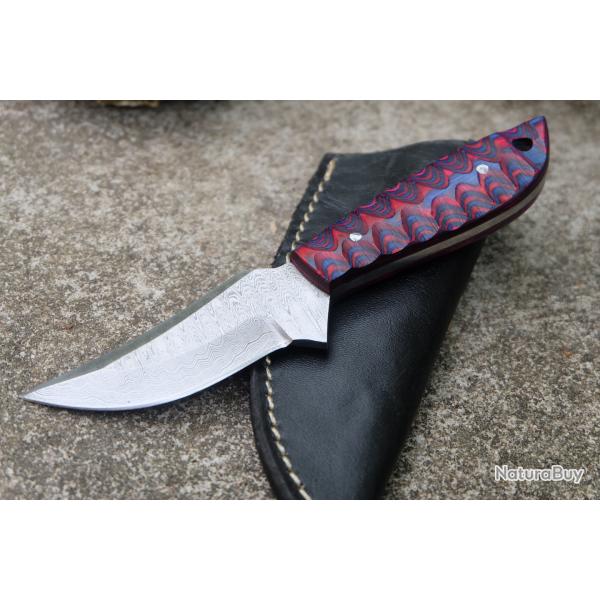 Skinner Couteau de Chasse Damas Lame 256 Couches Manche Bois Blue/Red 3D Fabr Artisanale Etui Cuir