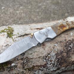 Beau Couteau Damas Lame Clip Point 128 Couches Manche Bélier Mitres Cerf Linerlock Fab Artisanat