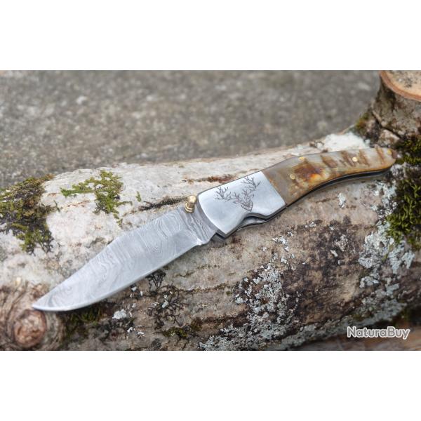 Beau Couteau Damas Lame Clip Point 128 Couches Manche Blier Mitres Cerf Linerlock Fab Artisanat