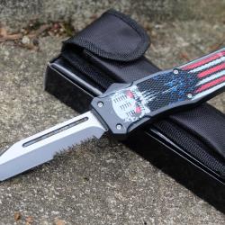 Couteau Automatique OTF Out the Front Punisher Lame Tanto Acier Carbone Manche Abs Black Clip Etui