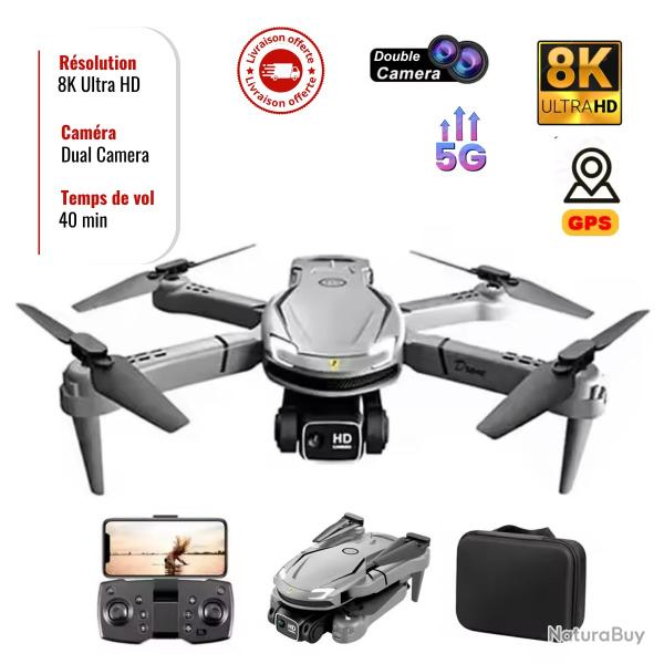 Drone V88 8K GPS 5G WiFi Double Camra, 40min d'Autonomie, Stabilisation EIS, Pliable Lger, Gris Pr