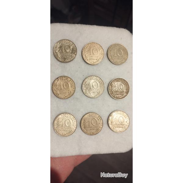Lot 9 pices 10 centimes France - annes 1967  1997 - collection numismatique vintage