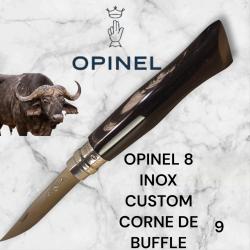9) Couteau Opinel N°8 CUSTOM Manche en Corne de Buffle, Étui cuir OFFERT ,Fait Main, Artisanal