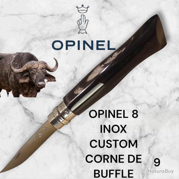 9) Couteau Opinel N8 CUSTOM Manche en Corne de Buffle, tui cuir OFFERT ,Fait Main, Artisanal
