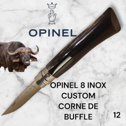 12) Couteau Opinel N°8 CUSTOM Manche en Corne de Buffle, Étui cuir OFFERT ,Fait Main, Artisanal