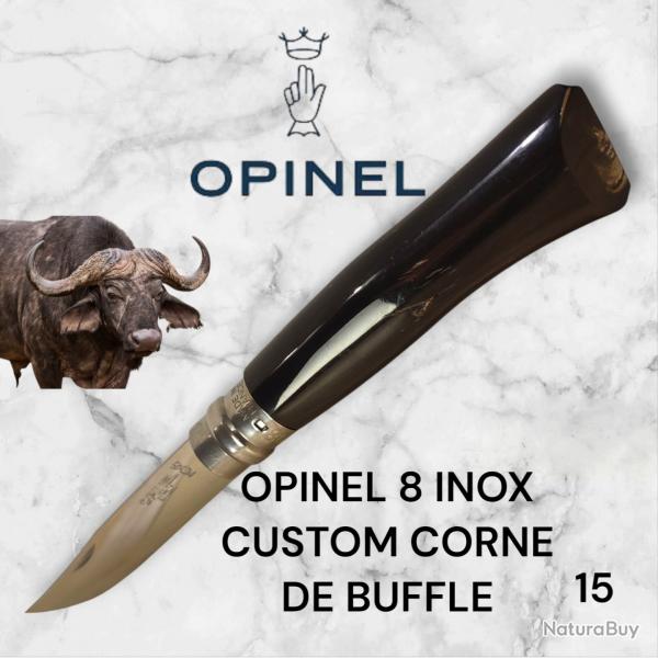 15) Couteau Opinel N8 CUSTOM Manche en Corne de Buffle, tui cuir OFFERT ,Fait Main, Artisanal
