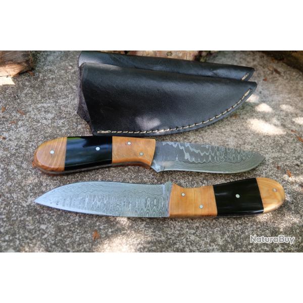 Lot de 2 Skinner 'Elle & Lui' Lame Damas 256 Couches Manche Bois Fabric Artisanale Etui Cuir