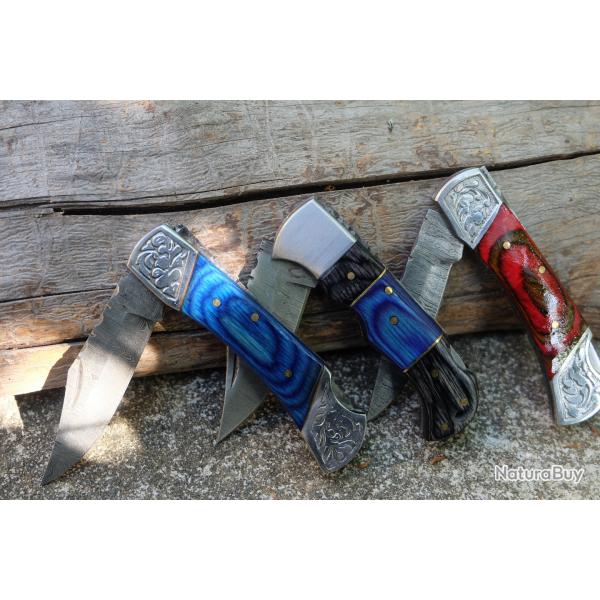 Lot de 3 Couteau Lame Damas 128 Couches Style Buck 112 Manche Bois Lockback Fab Artisanale