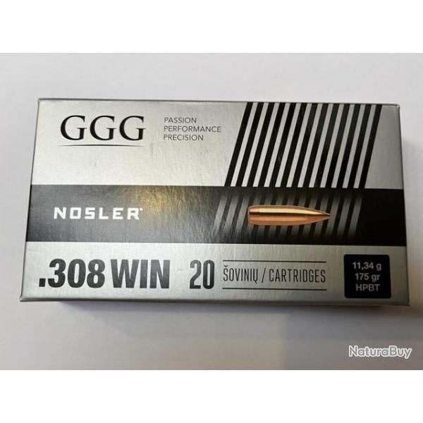 Munitions GGG Cal.308 Win. HPBT nosler 175gr 11.3g par 60