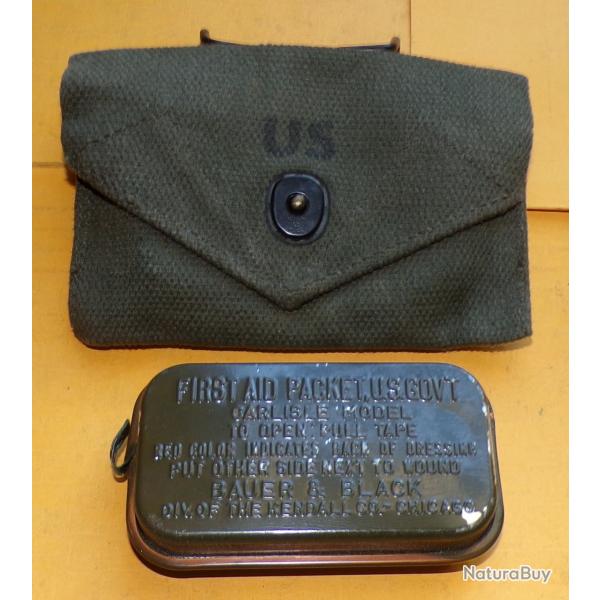 ARMEE AMERICAINE U.S : POCHETTE ET PANSEMENT INDIVIDUEL EN BOITE METAL ( FABRICATION BAU