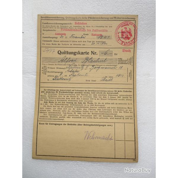 Carte de cotisation assurance maladie allemande WW2 1941