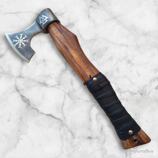 Hache Viking Artisanale - Manche Bois & Cuir, Gravure lectrolytique, 35cm - Pice de Collection