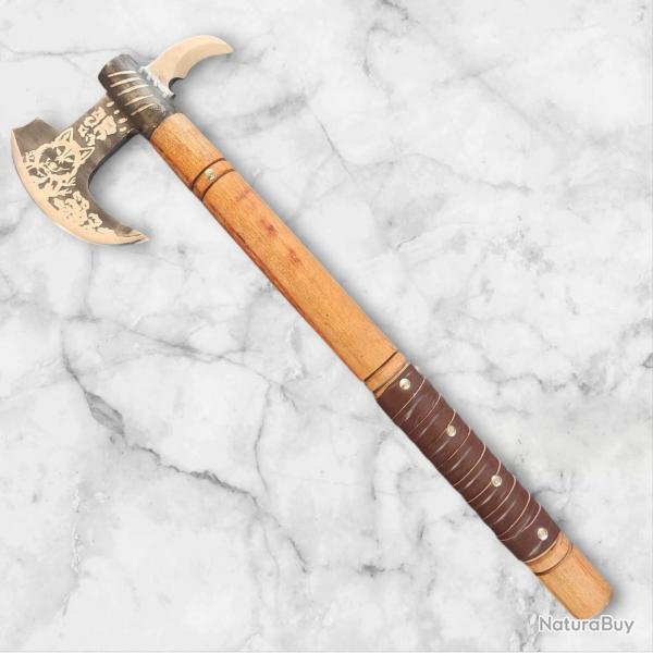 Hache Viking Artisanale Gravure lectrolytique, 50 cm , Manche Sculpt et tui en Cuir, collection