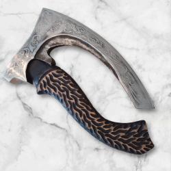 Petite Hache Viking Artisanale - 30 cm - Lame Gravure électrolytique et Manche Sculpté, avec étui