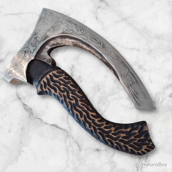 Petite Hache Viking Artisanale - 30 cm - Lame Gravure lectrolytique et Manche Sculpt, avec tui