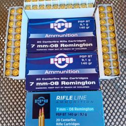 60 Douilles PPU Ammunition Calibre 7mm-08 REM Tirées une seule fois (Voir Photo)