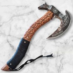 Hache Viking Artisanale - 46 cm - Gravures Électrolytiques - Tête d'Animal Forgée - Étui Cuir