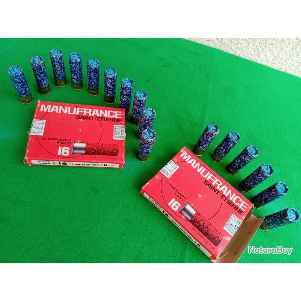 Lot de 16 cartouches marbres MANUFRANCE - 1 boite complte de 10 + 1 boite de 6 - Cal 16/65 PB 8
