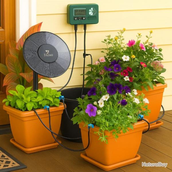 Kit Irrigation Solaire Goutte--Goutte 15m Arrosage Automatique Minuterie Jardin Balcon Serre Pompe