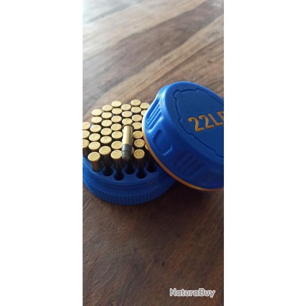 Bote  munitions 22lr bleue et laiton, design pratique et robuste. Feinwerkbau CZ Tikka Rossi.