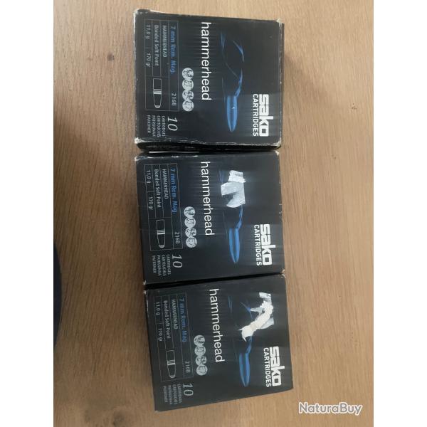Lot de 3 botes de munitions SAKO Hammerhead calibre 7mm Remington Magnum 170gr